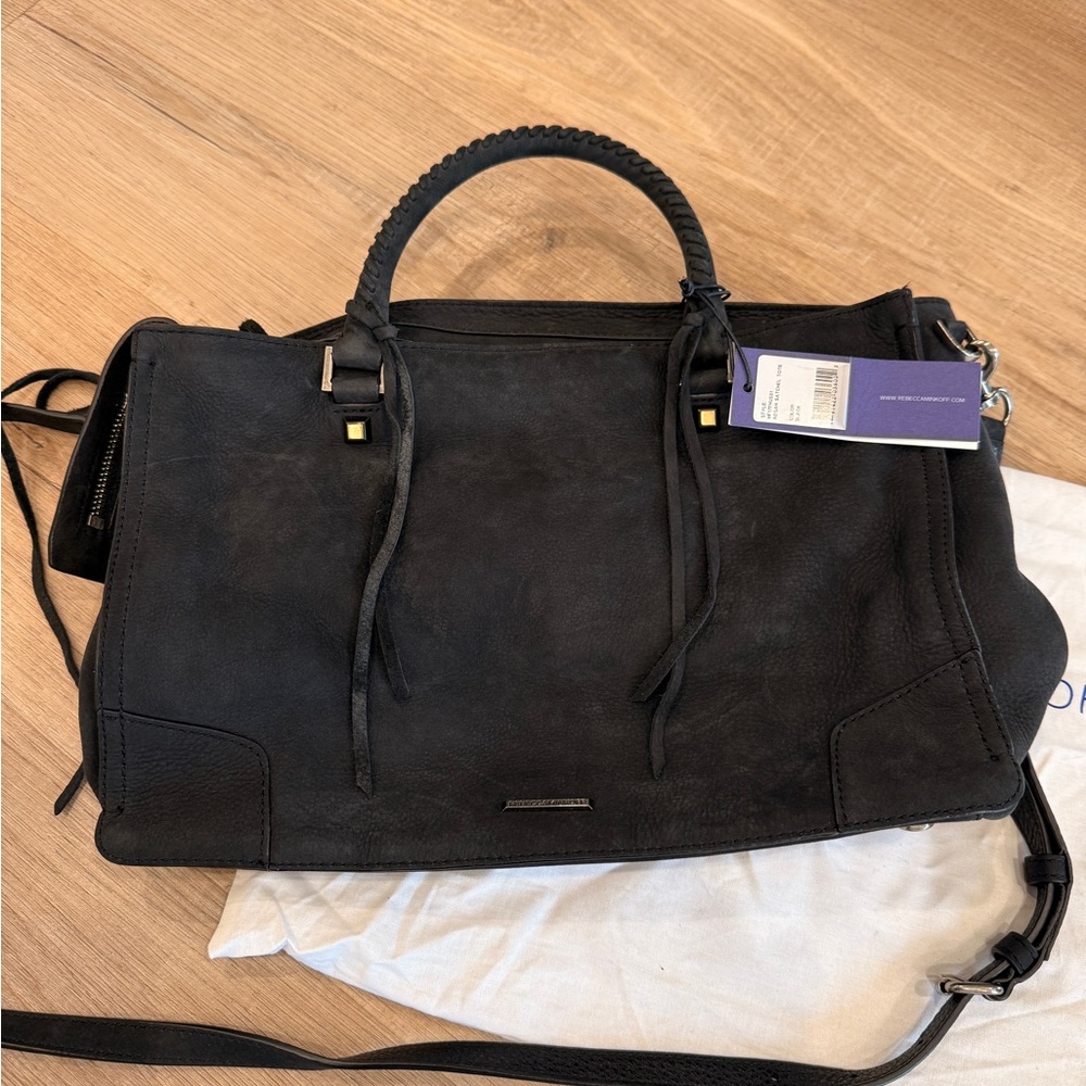 NWT Rebecca Minkoff Black Suede Leather Regan Satchel Tote - Picture 7 of 7
